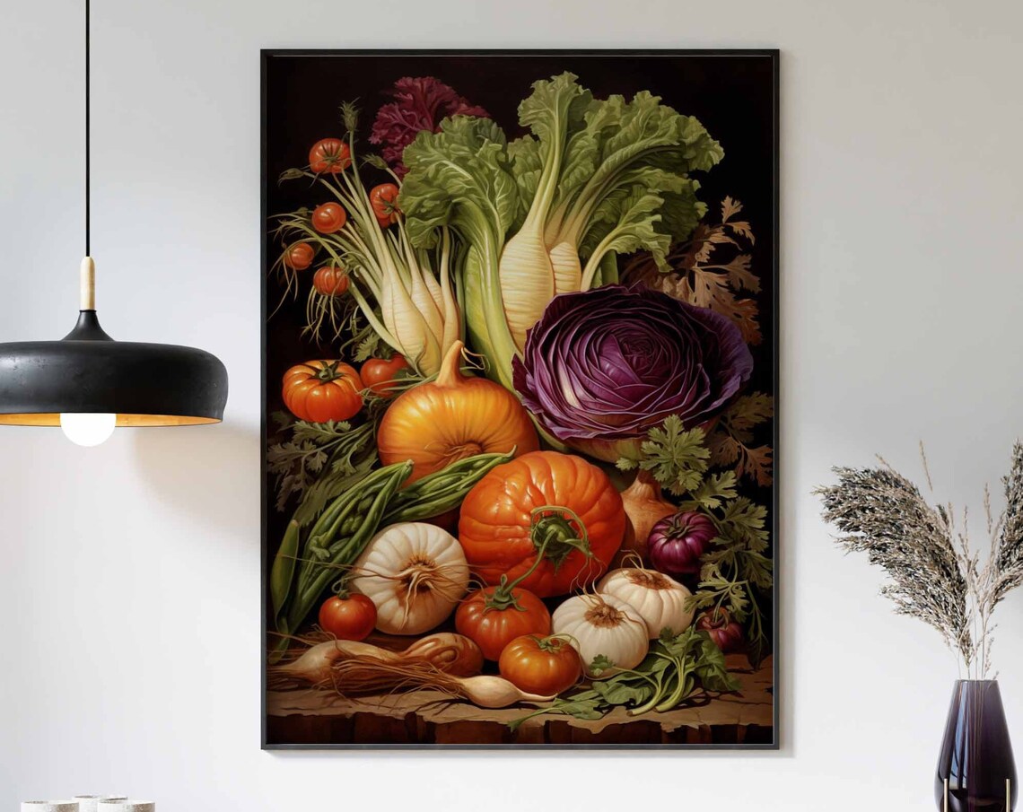 Vintage Vegetable Still Life Dark Background Kitchen Art Poster