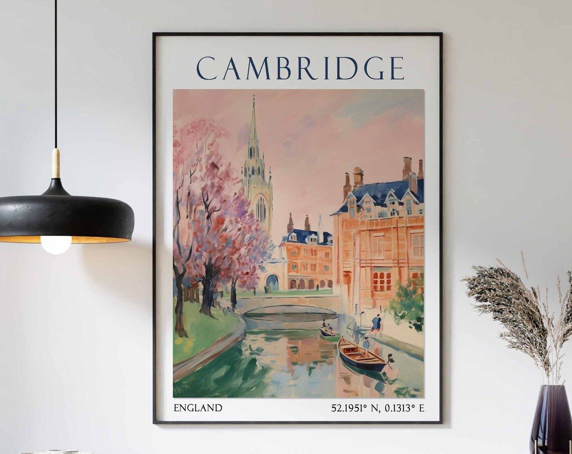 Cambridge River Cam with Punts and Chapel Spire Travel Poster
