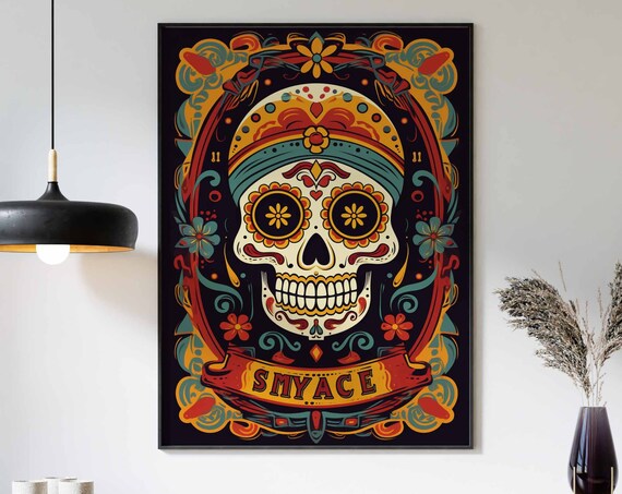 Day of the Dead Sugar Skull with Vintage Lettering Folk Art Poster