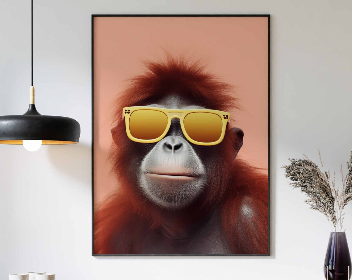 Orangutan Wearing Yellow Sunglasses on a Pink Background Poster