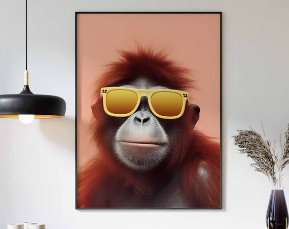 Orangutan Wearing Yellow Sunglasses on a Pink Background Poster