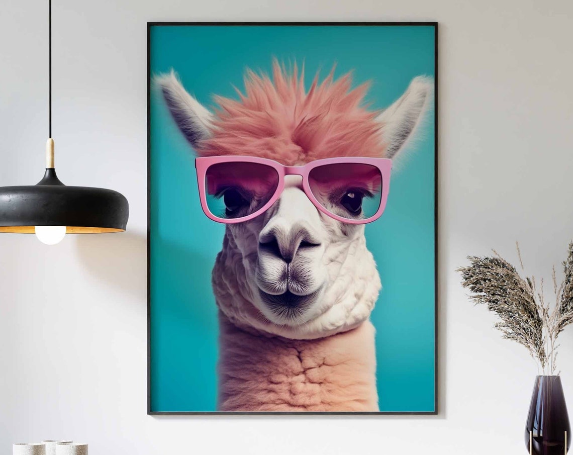 Fluffy Llama Wearing Pink Sunglasses on a Teal Background Poster