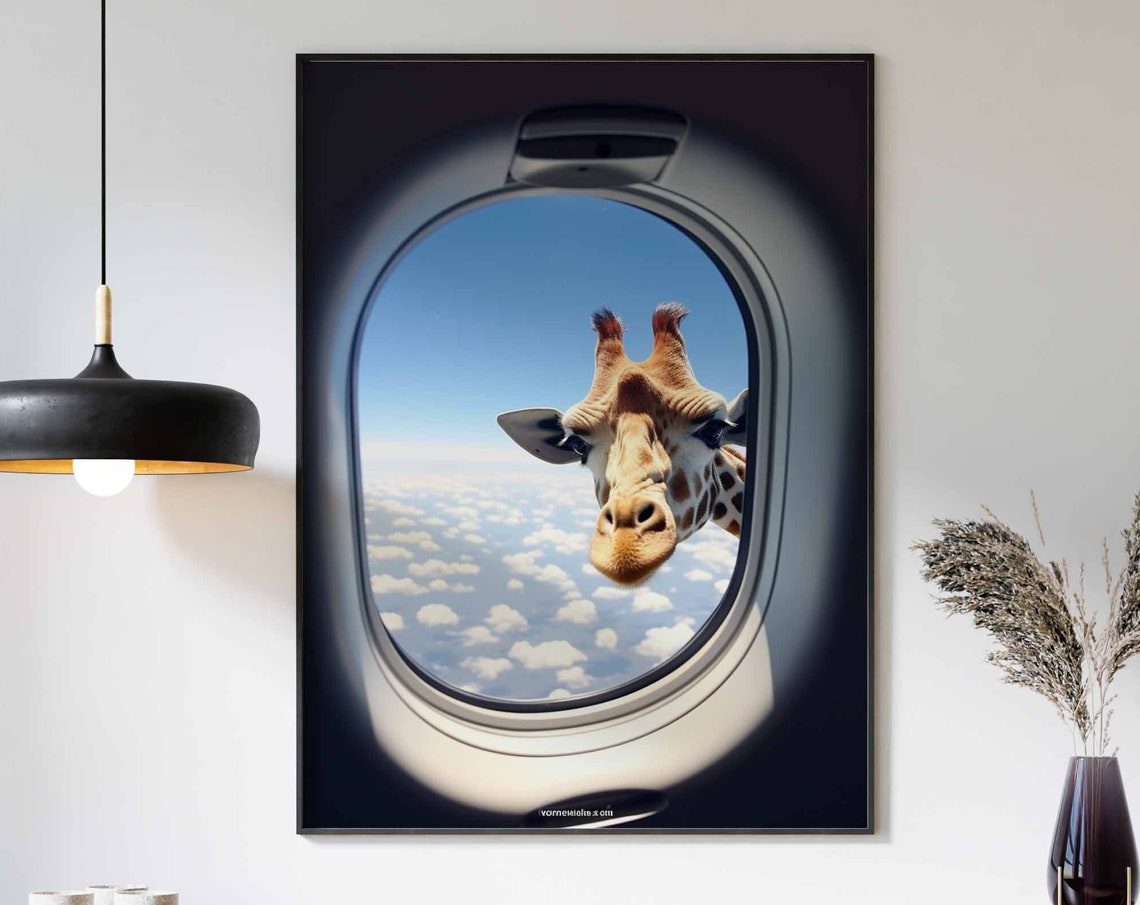 Giraffe Peeking Through an Airplane Window Above the Clouds Poster