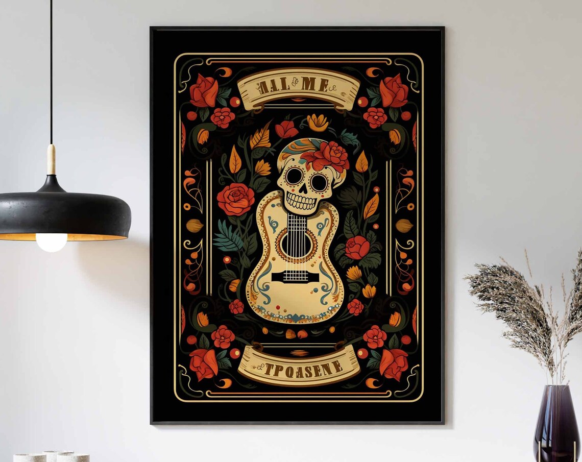 Festive Day of the Dead Sugar Skull Guitar Roses Mariachi Poster