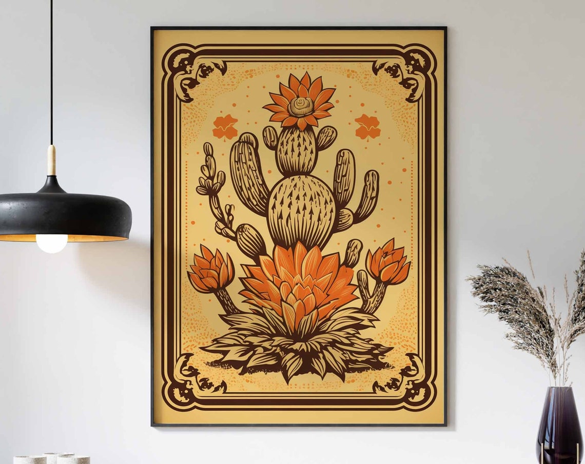 Brown Rustic Prickly Pear Cactus Linocut Ornate Border Poster