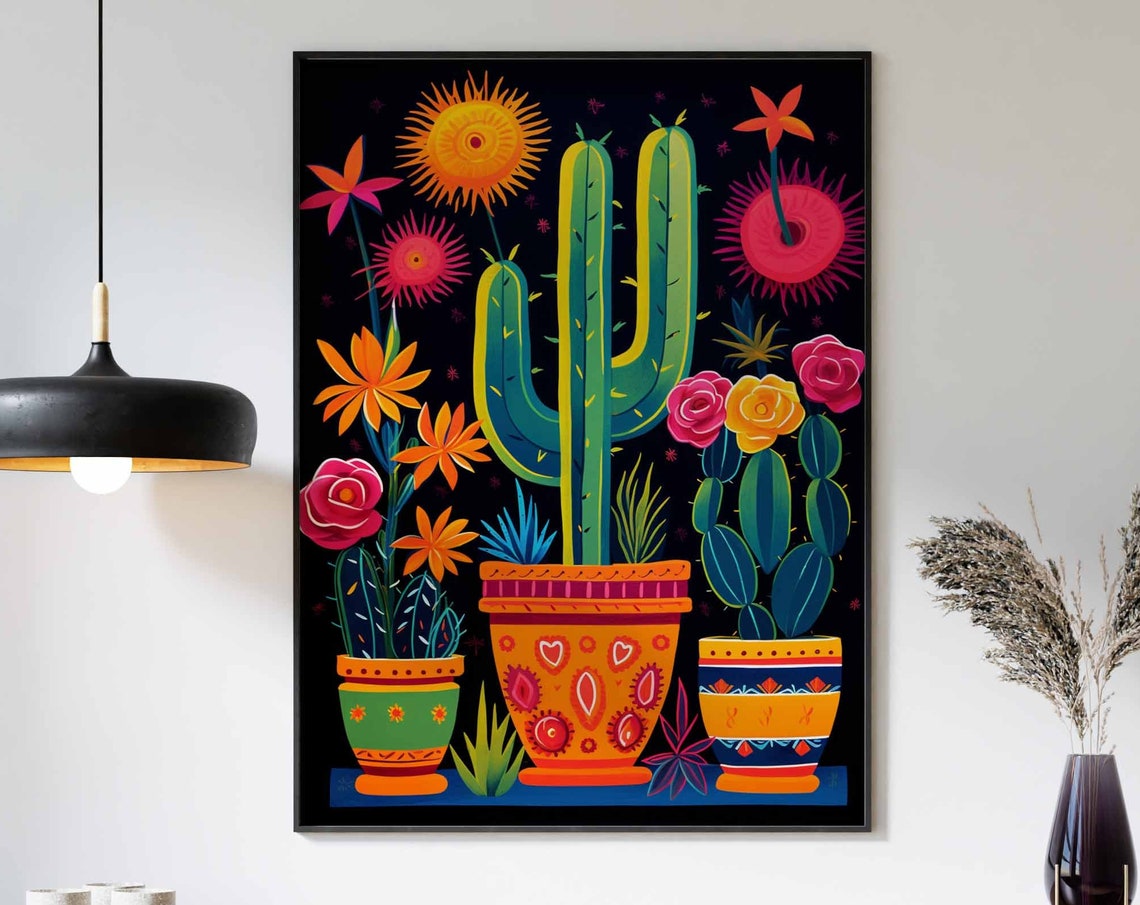 Neon Mexican Potted Cactus Trio Folk Art Poster Design on Black