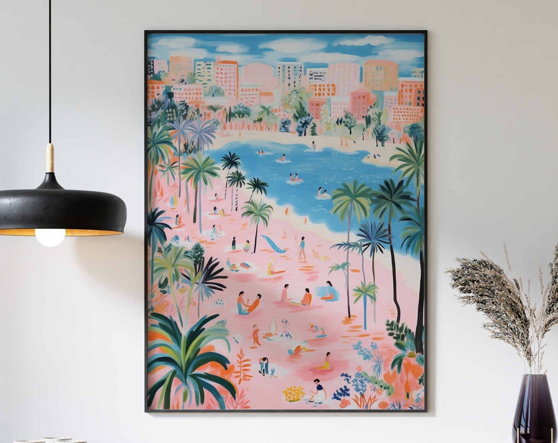 Pink City Beach with Palm Trees and High Rise Buildings Poster