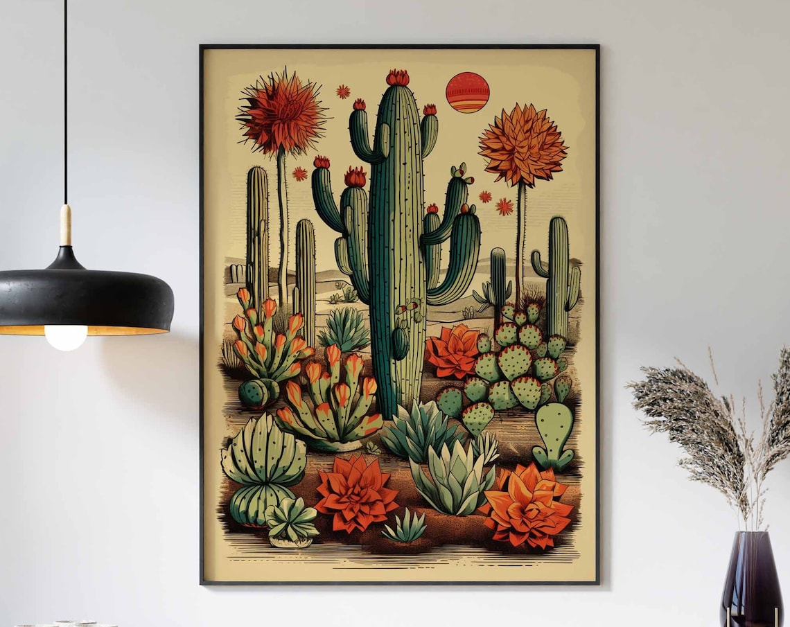Antique Engraved Tall Saguaro Desert Cacti Red Sun Botanical Poster