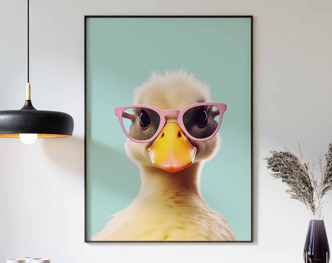 Cute Duckling Wearing Pink Sunglasses on a Mint Background Poster