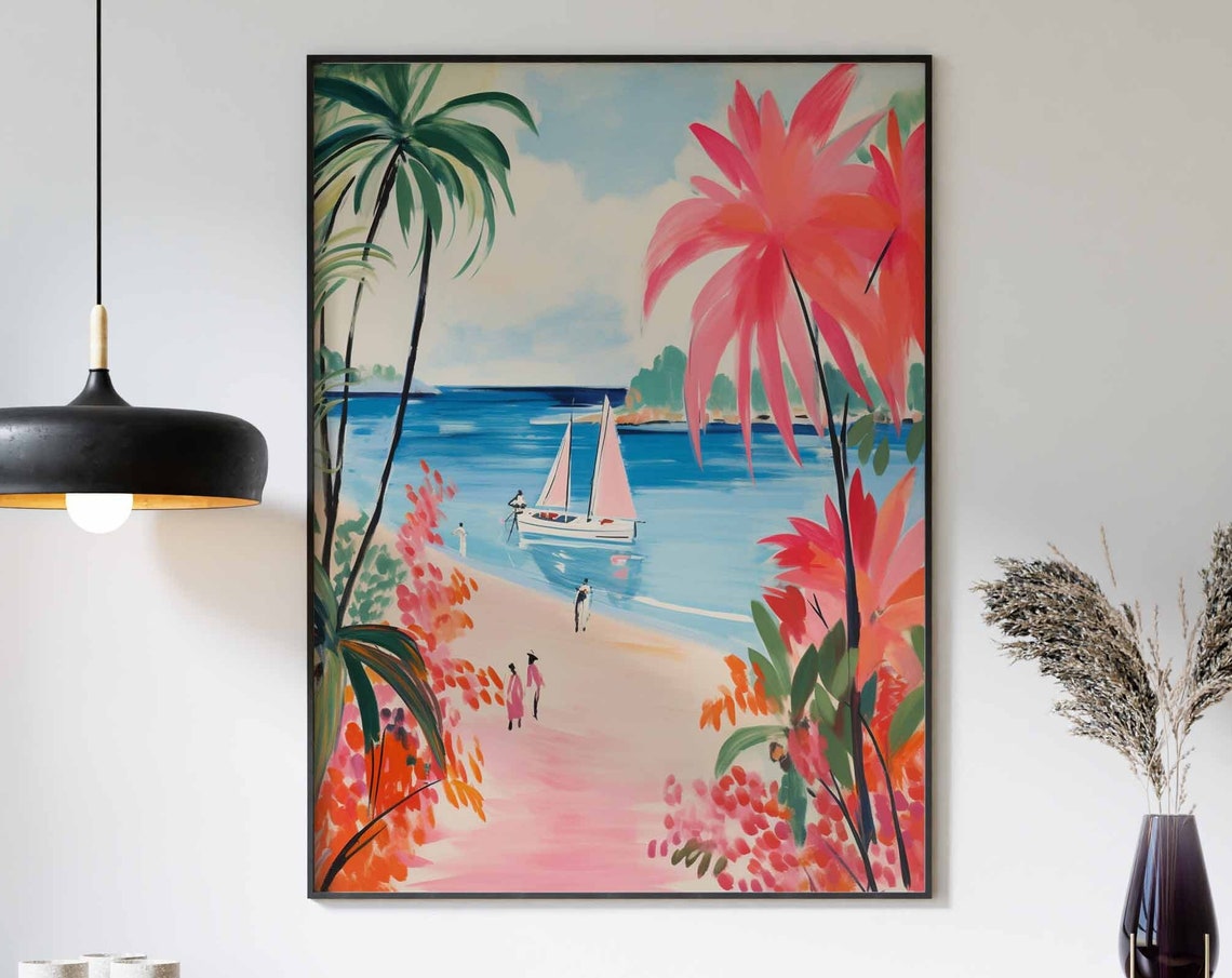 Sailboat with Pink Sails in a Turquoise Bay Watercolor Poster