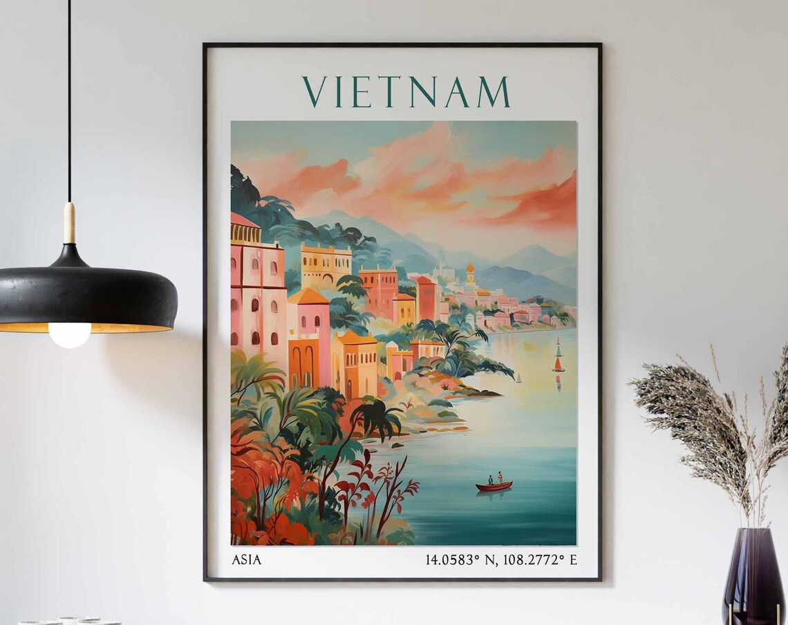Vietnam Pastel Coastal Town Sunset Fishing Boats in the Bay Poster