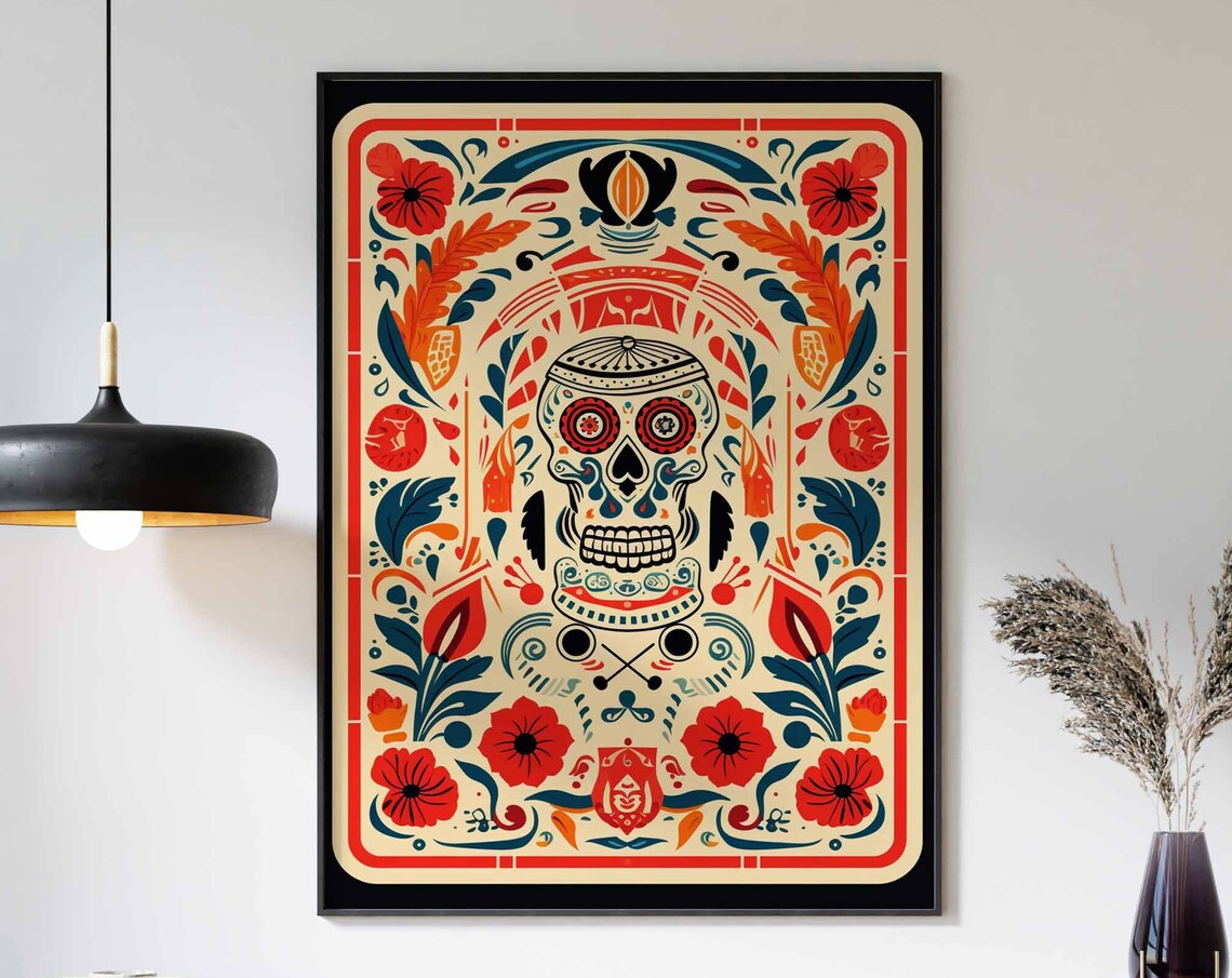 Colorful Sugar Skull Folk Floral Border Mexican Day of Dead Poster
