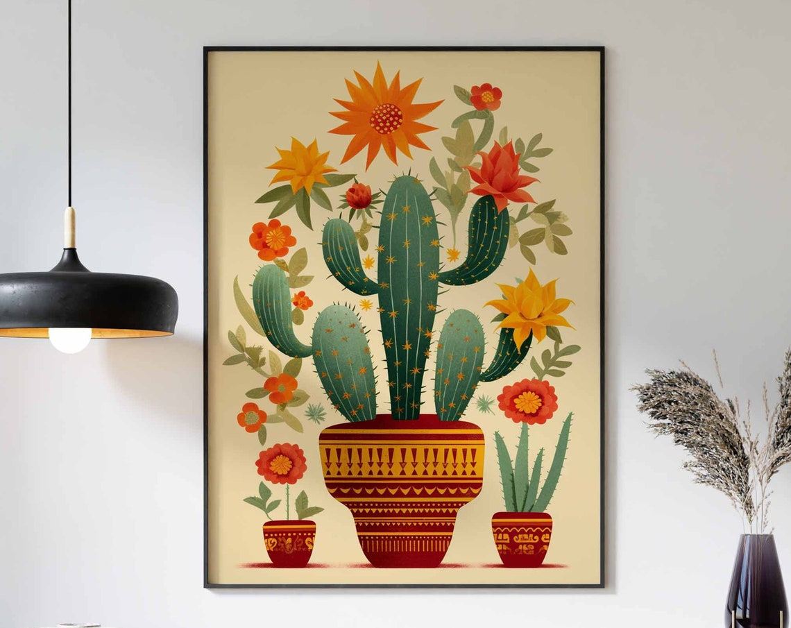 Prickly Pear Cactus Red Patterned Pot Orange Flowers Mexican Print