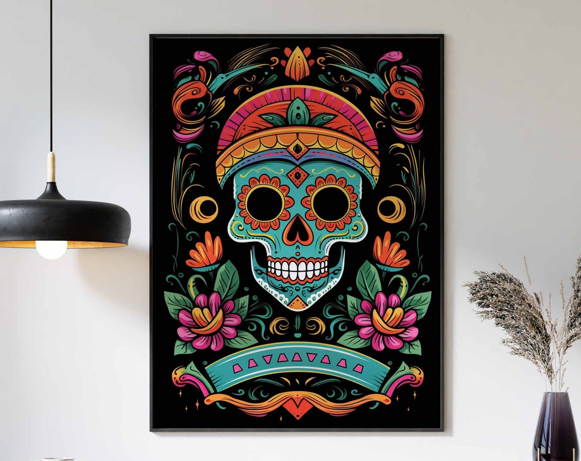 Turquoise Sugar Skull Crown Colorful Neon Black Light Poster