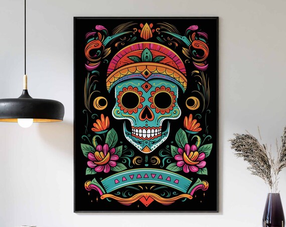 Turquoise Sugar Skull Crown Colorful Neon Black Light Poster