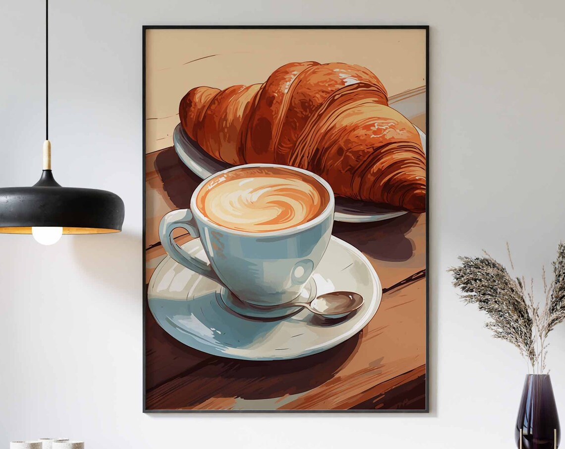 Cappuccino Latte Art Croissant Wooden Table Illustration Poster