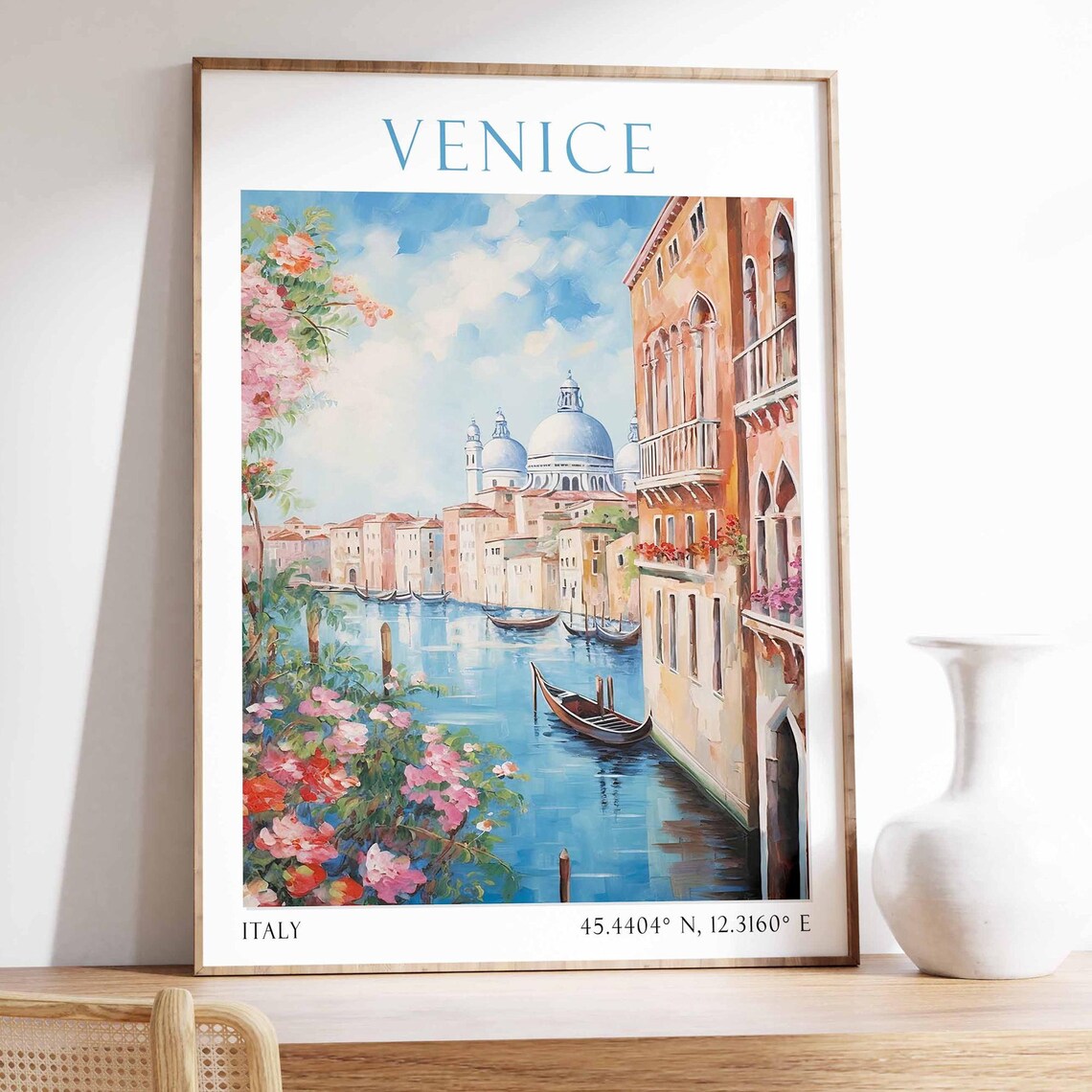 Venice Grand Canal Gondola Scene Floral Frame Italy Travel Print