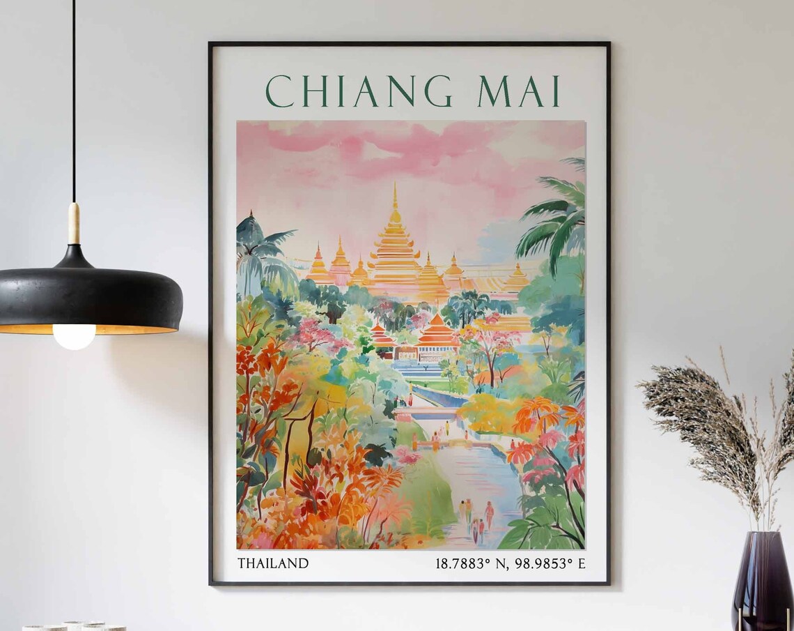 Golden Temple and Garden Path in Chiang Mai Thailand Travel Poster