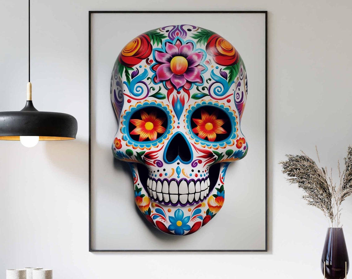 Colorful Floral 3D White Painted Sugar Skull Flowers White Art Poster