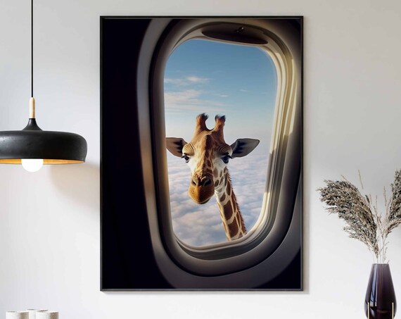 Curious Giraffe Peering Into an Airplane Window in the Sky Poster