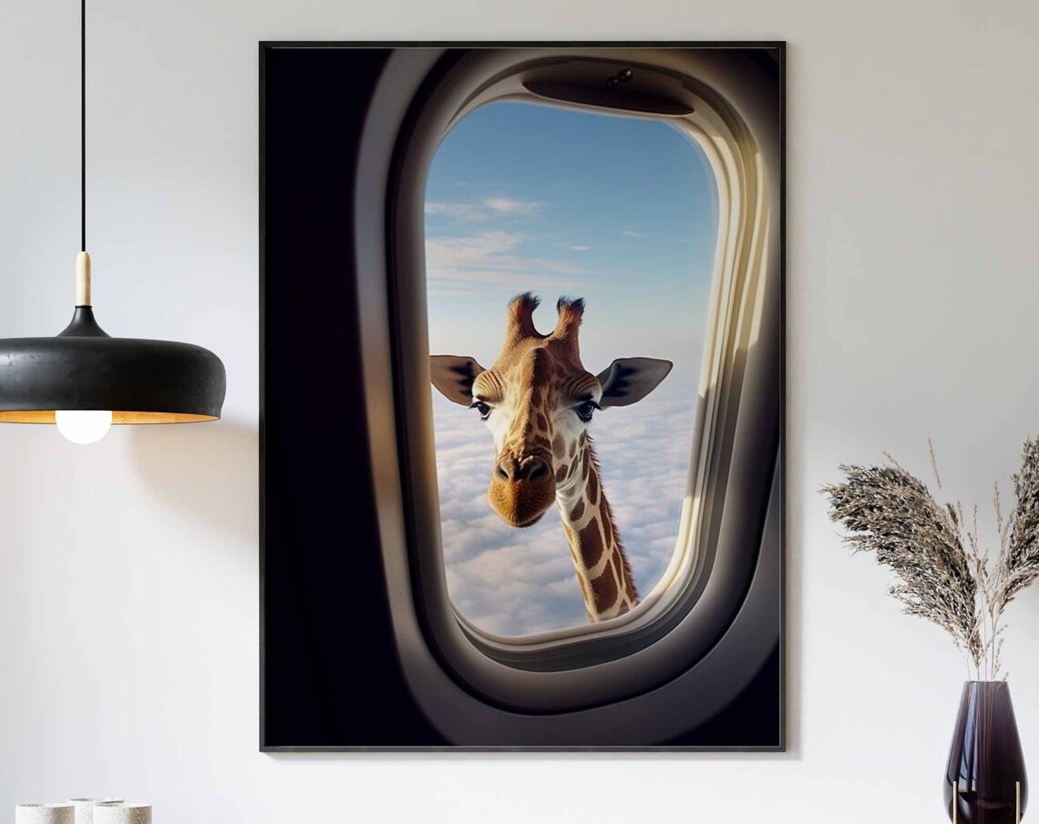 Curious Giraffe Peering Into an Airplane Window in the Sky Poster