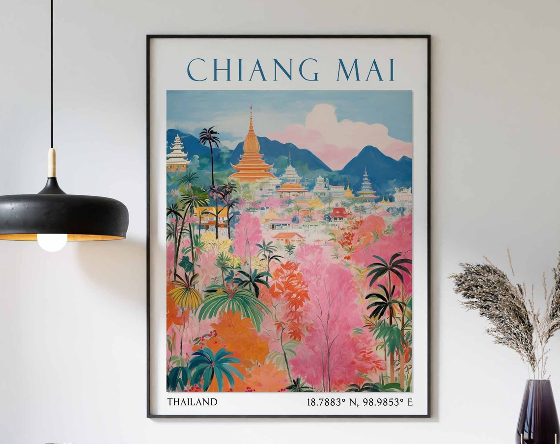 Chiang Mai Temples Among Pink Flowering Trees Thailand Poster