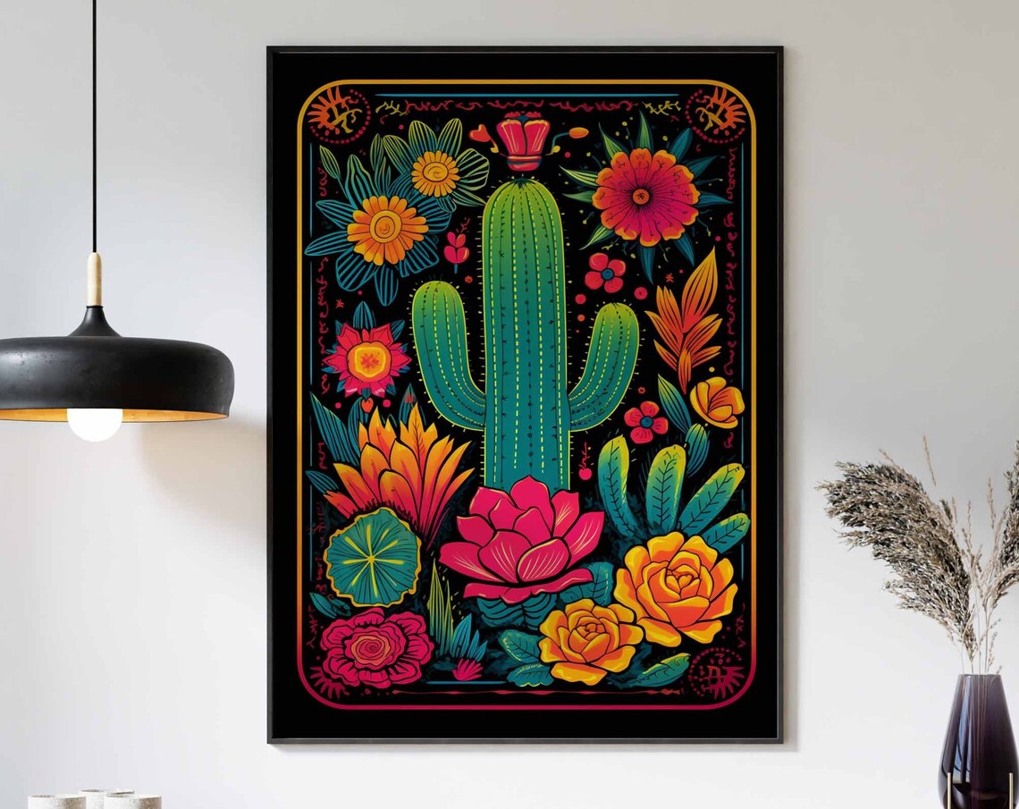 Neon Folk Art Teal Saguaro Colorful Pink Orange Blooms Black Poster