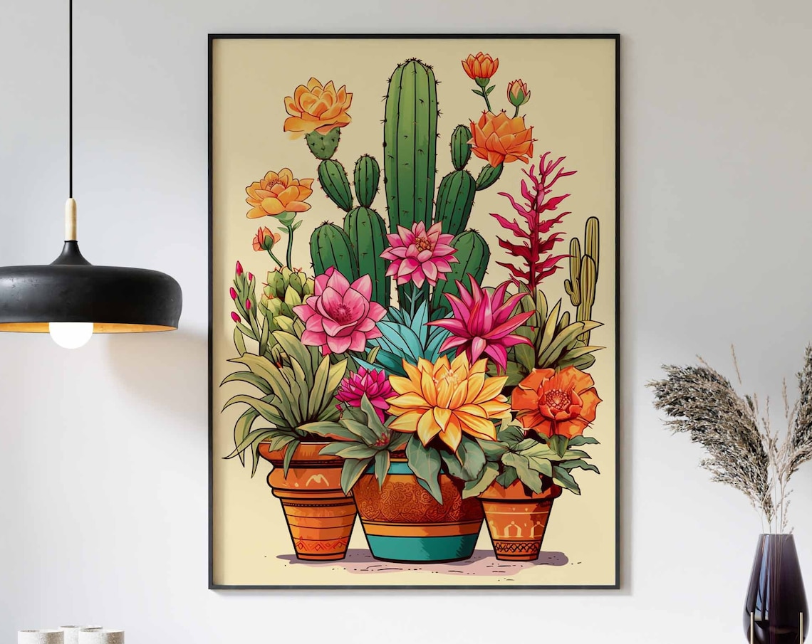 Potted Cactus Trio Terracotta Pots Blooming Desert Botanical Print