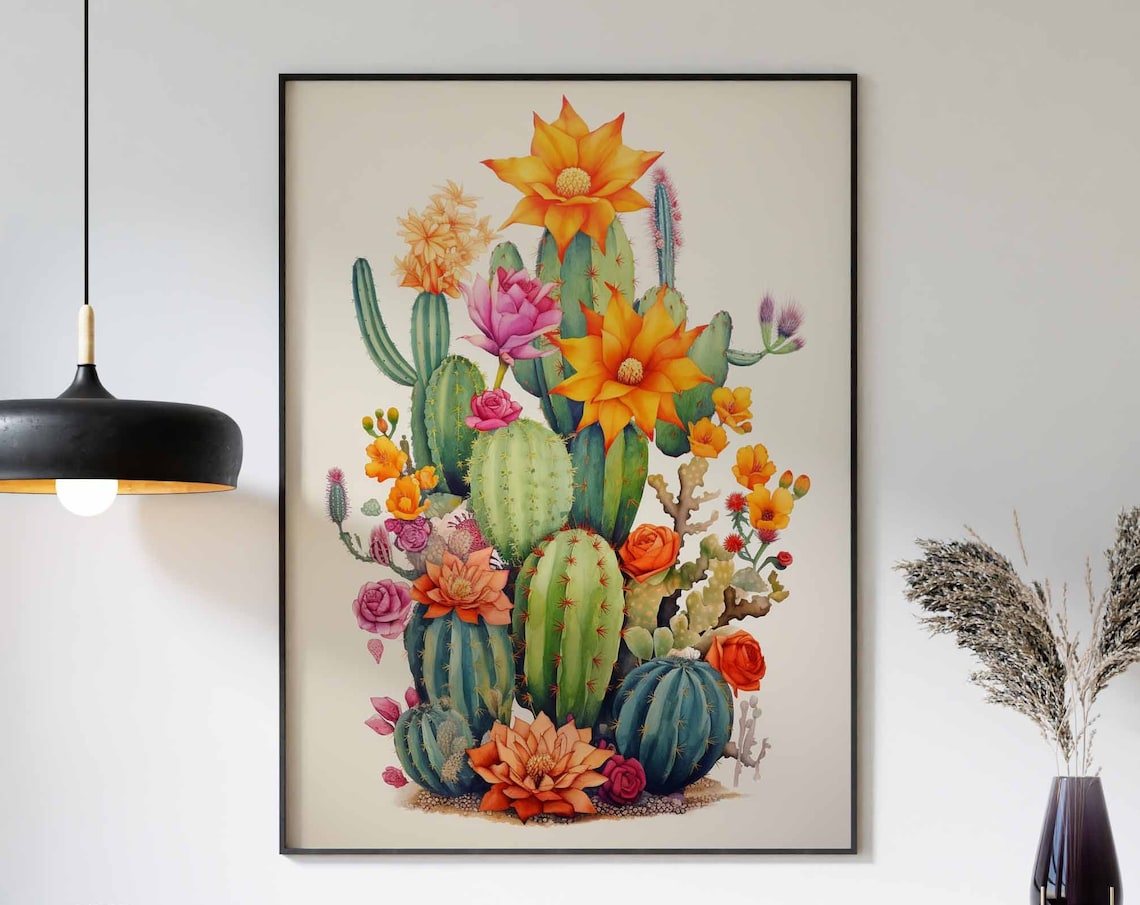 Watercolor Cactus Bouquet with Bright Orange and Pink Blooms Poster