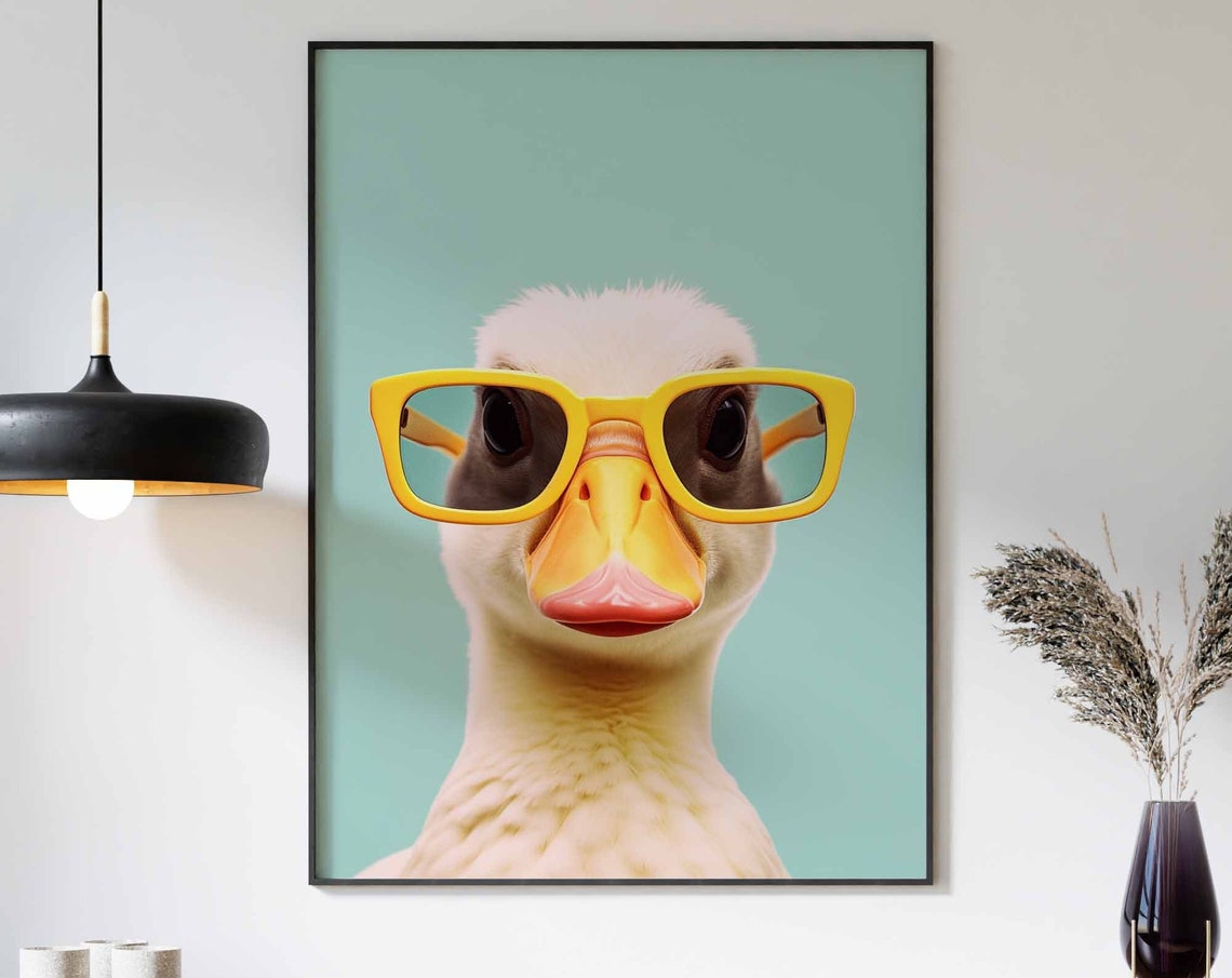 Duckling Wearing Oversized Yellow Glasses on Mint Green Poster