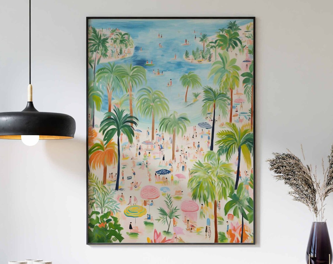Aerial Palm Lined Beach Colorful Umbrella Tropical Day Poster