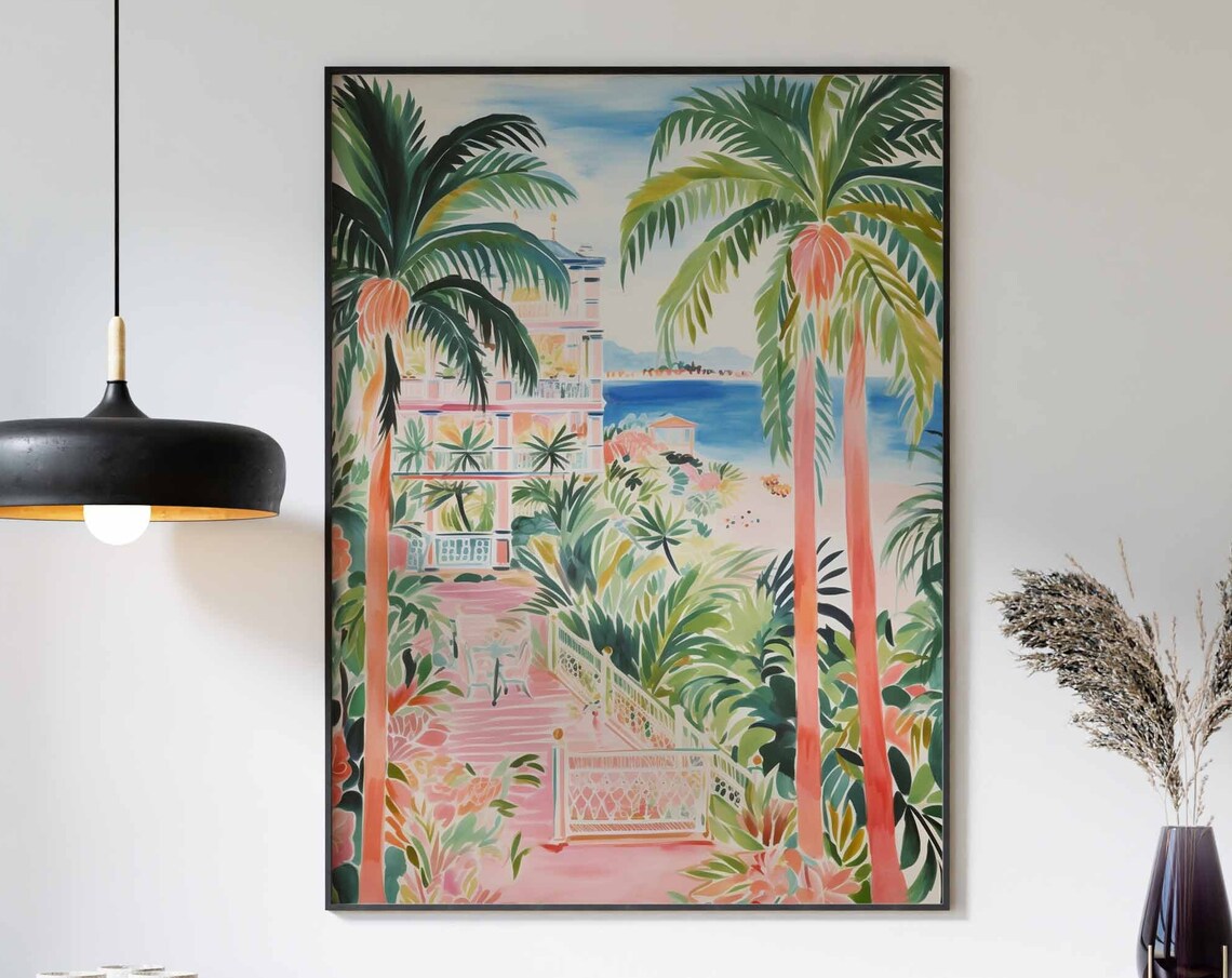 Beautiful Pink Seaside Villa Palm Tree Ocean View Day Poster