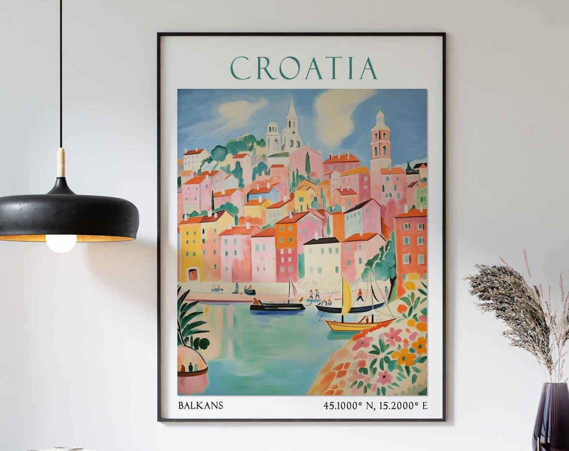 Croatia Pink Hillside Town with Harbor Boats Balkans Poster Art
