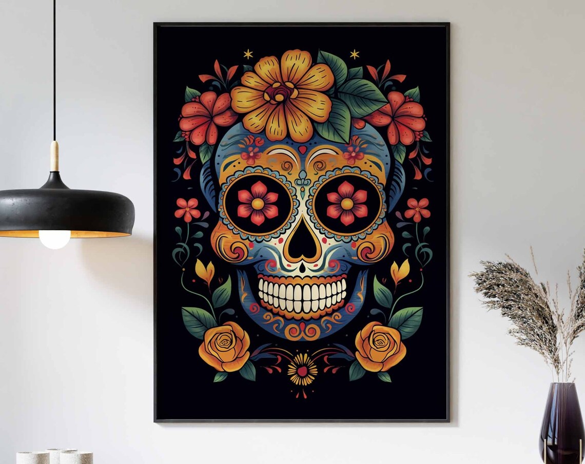 Day of Dead Blue Sugar Skull Pink Flowers Roses Flat Black Poster