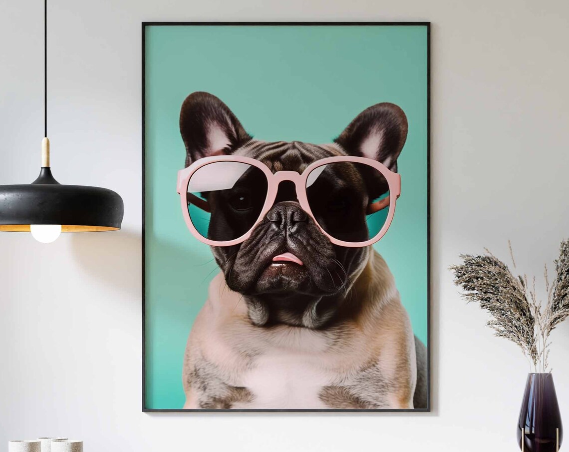 French Bulldog Puppy in Pink Sunglasses on Teal Background Poster