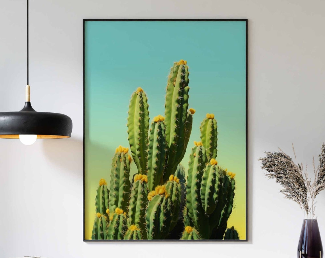 Dense Columnar Cactus with Yellow Blooms on a Teal Gradient Poster