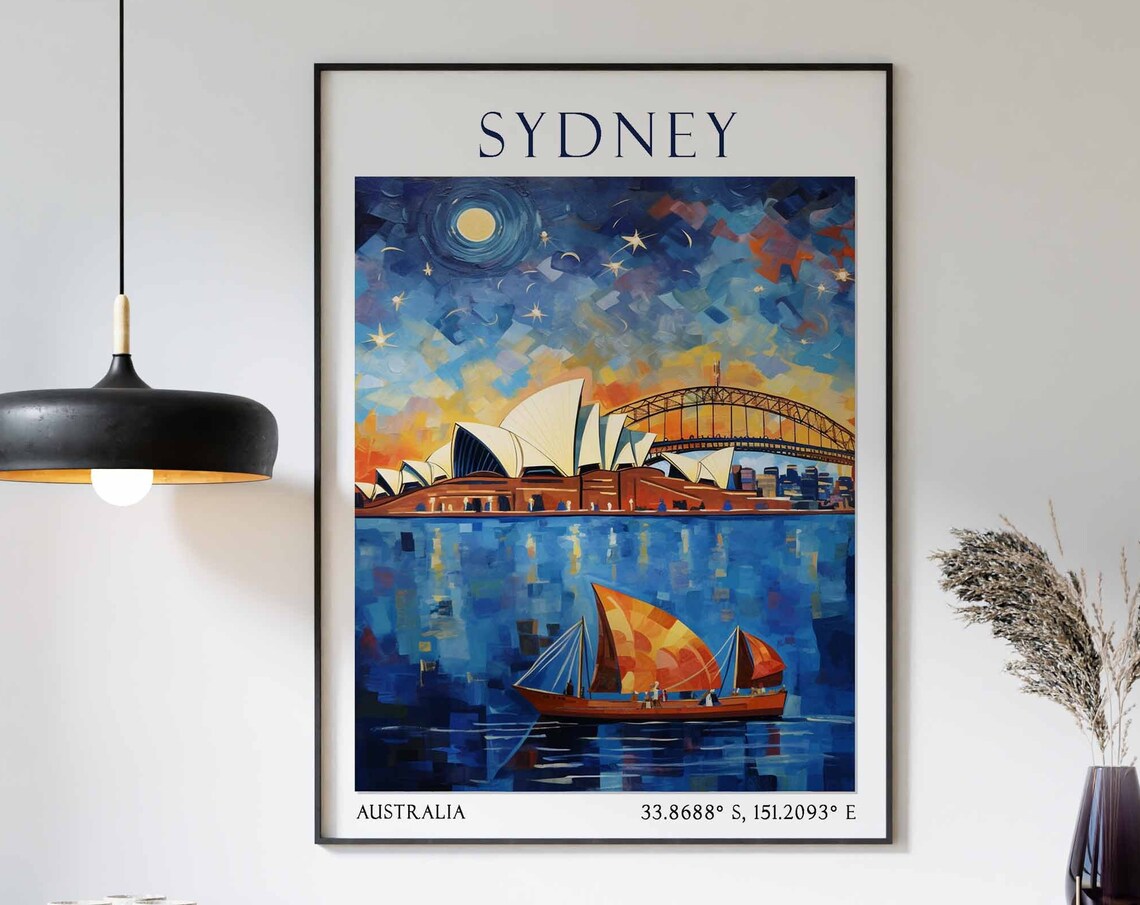 Sydney Opera House Starry Night Harbor Watercolor Travel Poster