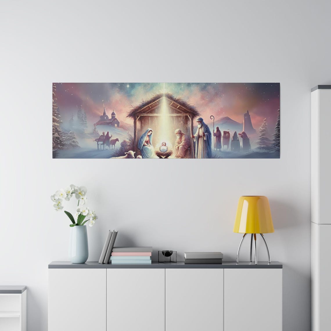 Snowy Holy Nativity Scene With Baby Jesus Christmas Night Poster - Image 2