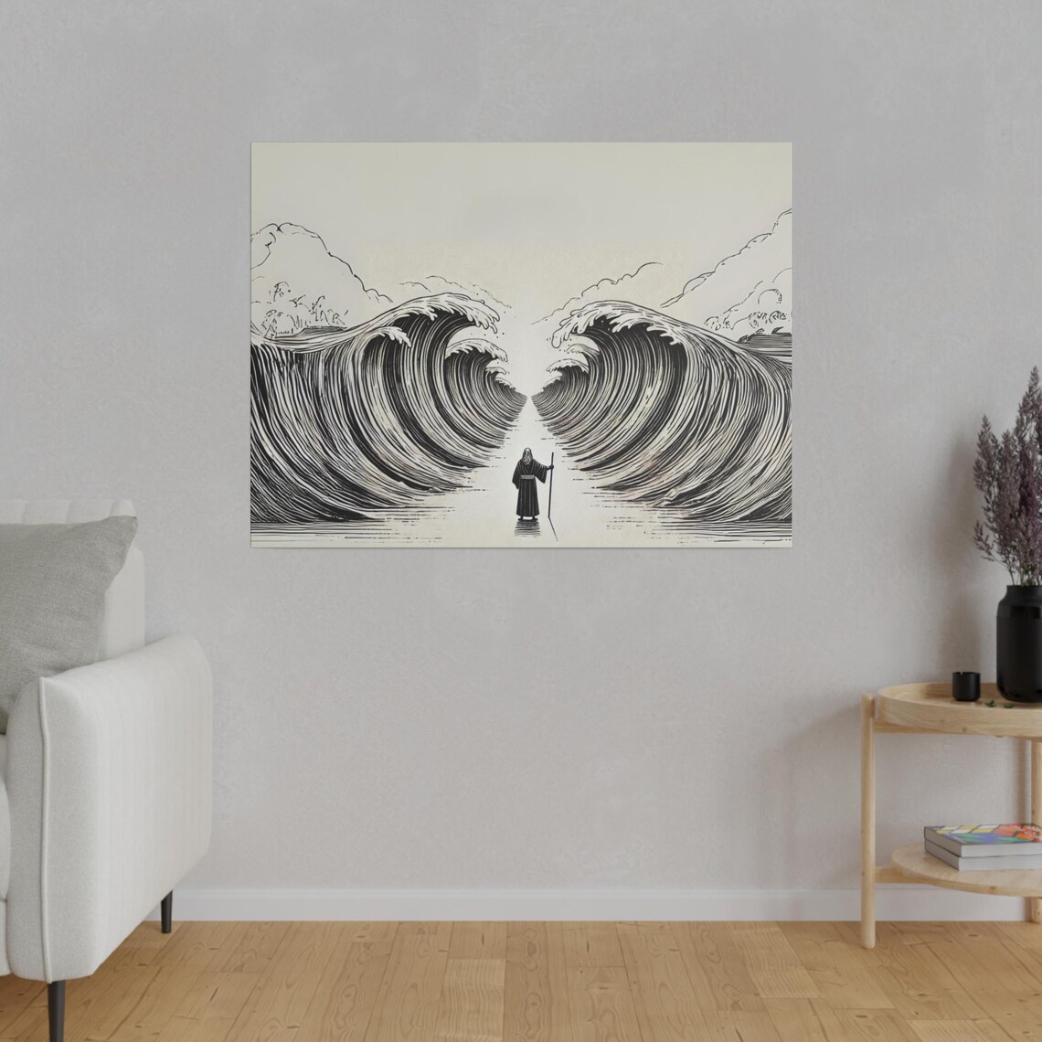 Minimal Dramatic Moses Parting The Red Sea Black White Line Poster - Image 3