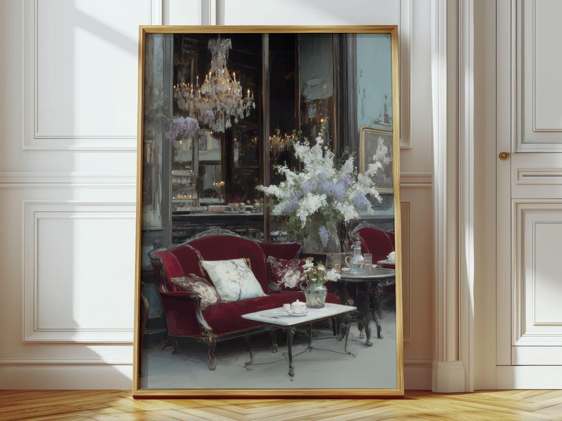 Dark Coquette Cafe Red Velvet Settee Chandelier Vintage Style Poster