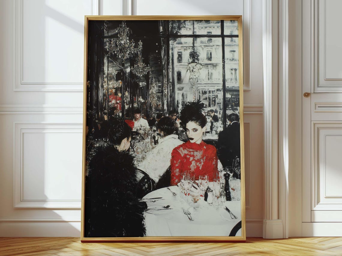 Dark Glamorous Restaurant Woman In Red Lace Dress Vintage Style Poster