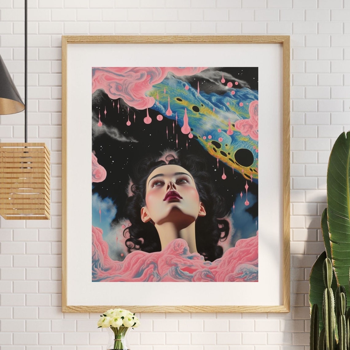 Dreamy Cosmic Woman Pink Cloud Surreal Space Portrait Art Poster