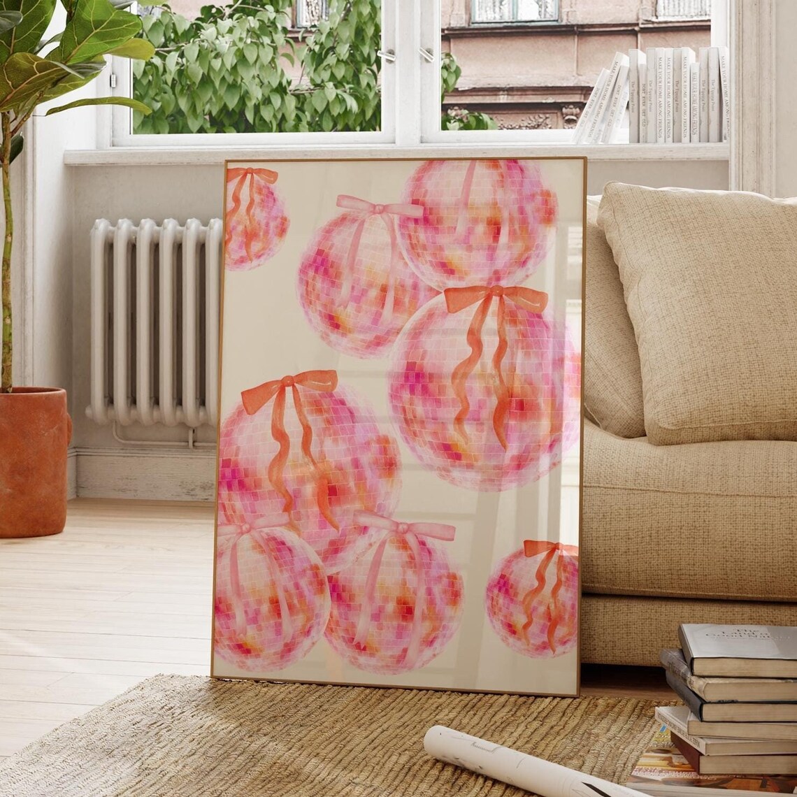Pink Watercolor Disco Balls With Bows Coquette Trendy Wall Poster