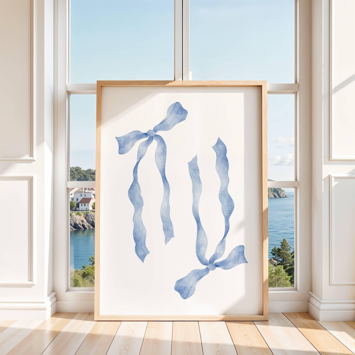 Blue Watercolor Ribbon Bow Pair Soft Preppy Feminine Art Poster