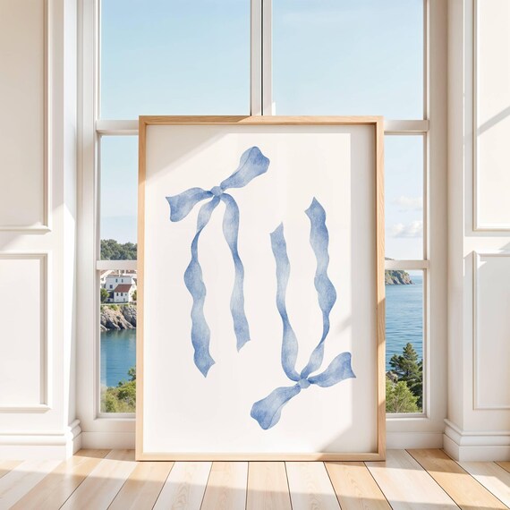 Blue Watercolor Ribbon Bow Pair Soft Preppy Feminine Art Poster