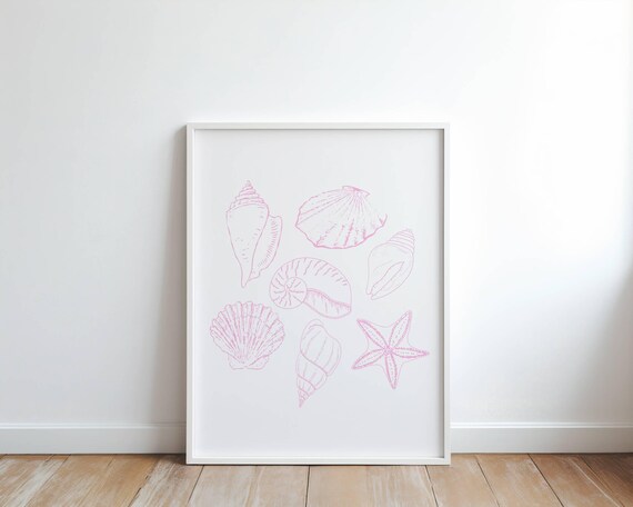 Pink Seashell Line Art Conch Scallop Starfish Coastal Decor Poster
