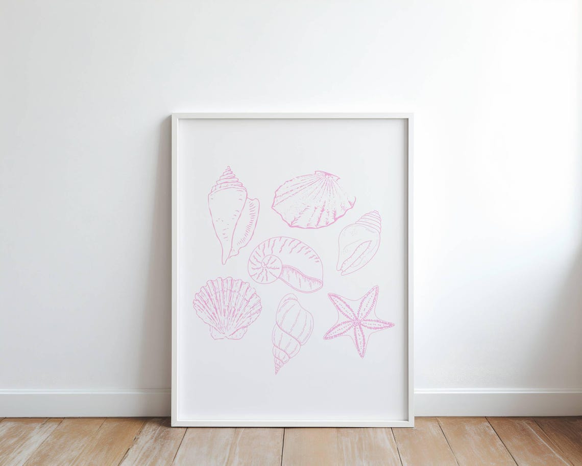 Pink Seashell Line Art Conch Scallop Starfish Coastal Decor Poster