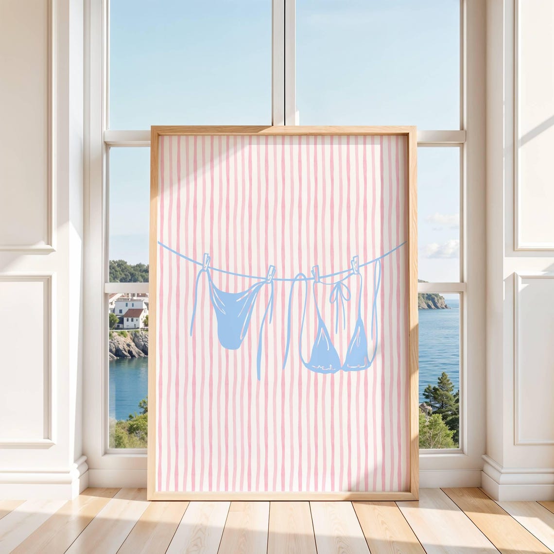Blue Bikinis on Clothesline Pink Stripes Summer Beach Day Poster