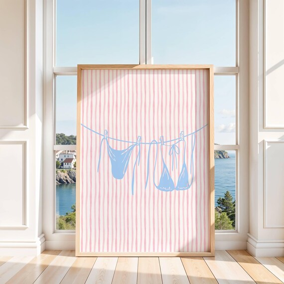Blue Bikinis on Clothesline Pink Stripes Summer Beach Day Poster