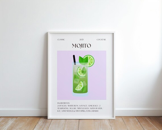 Mojito Classic Cocktail Recipe 2025 Green Mint Bar Cart Print